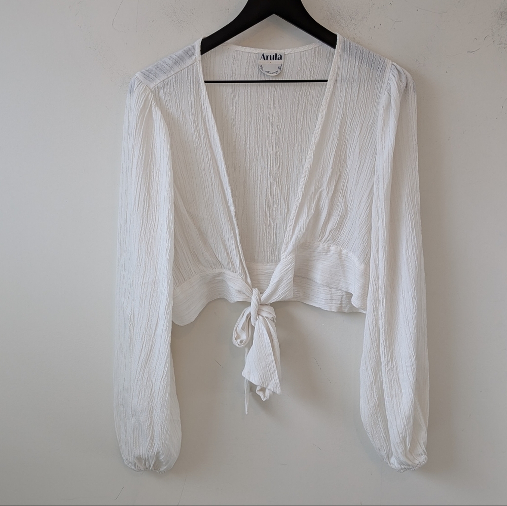 ARULA Women's White Cropped Tie Front Boho Beach Coastal Cardigan 1X